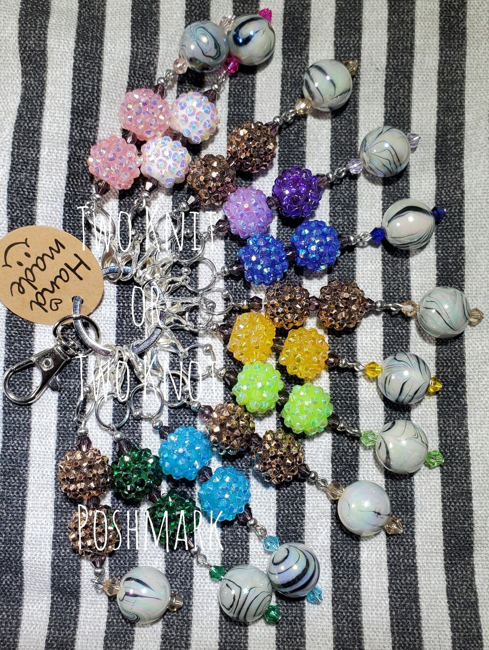 Multi-colored - 12pcs Glass Beaded Charms - Stainless Steel Stitch Marker Zipper